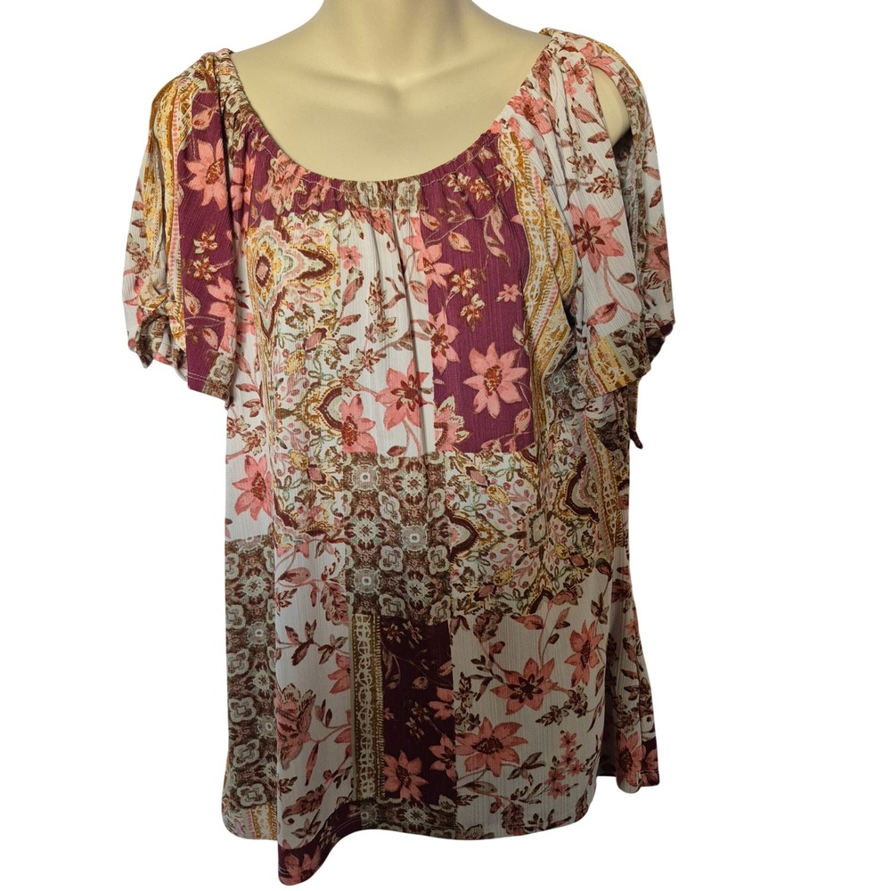 CURE Women's L Boho Floral Peasant Patchwrk Cold Shoulder Blouse Cottagecore